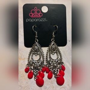 paparazzi Silver Filigree Teardrop Earrings with Red Beads